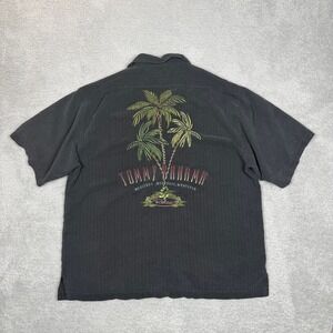 Tommy Bahama Mens Large Black 100% Silk Embroidered Palm Tree Camp Shirt Relax